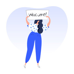 Welcome concept, modern girl holds a sign with word 