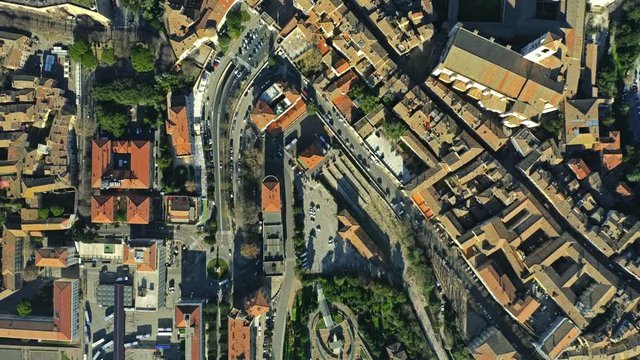 Aerial top down view of houses and streets in Perugia, Italy