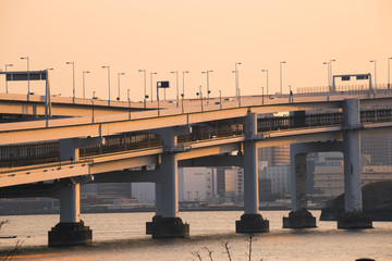Odaiba, Tokyo, Japan, 04/06/2019 , Highway to the Rainbow Bridge, connecting Odaiba with Tokyo...