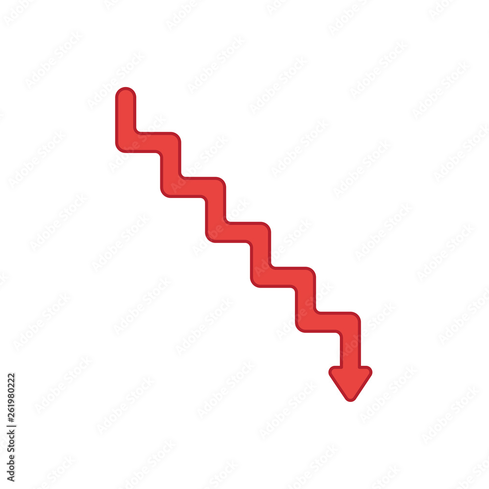 Poster flat design style vector concept of line stairs symbol icon with arrow pointing down on white. color