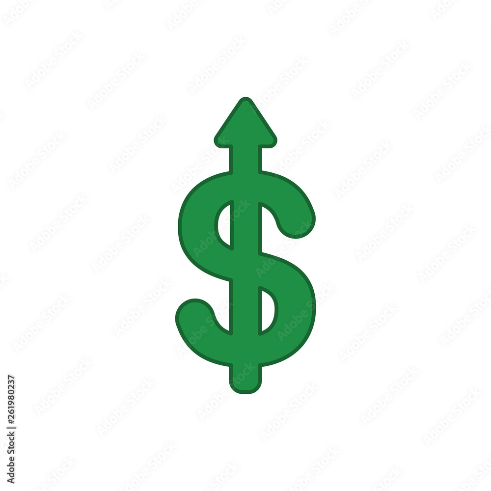 Poster flat design style vector concept of dollar symbol icon with arrow pointing up on white. colored outl