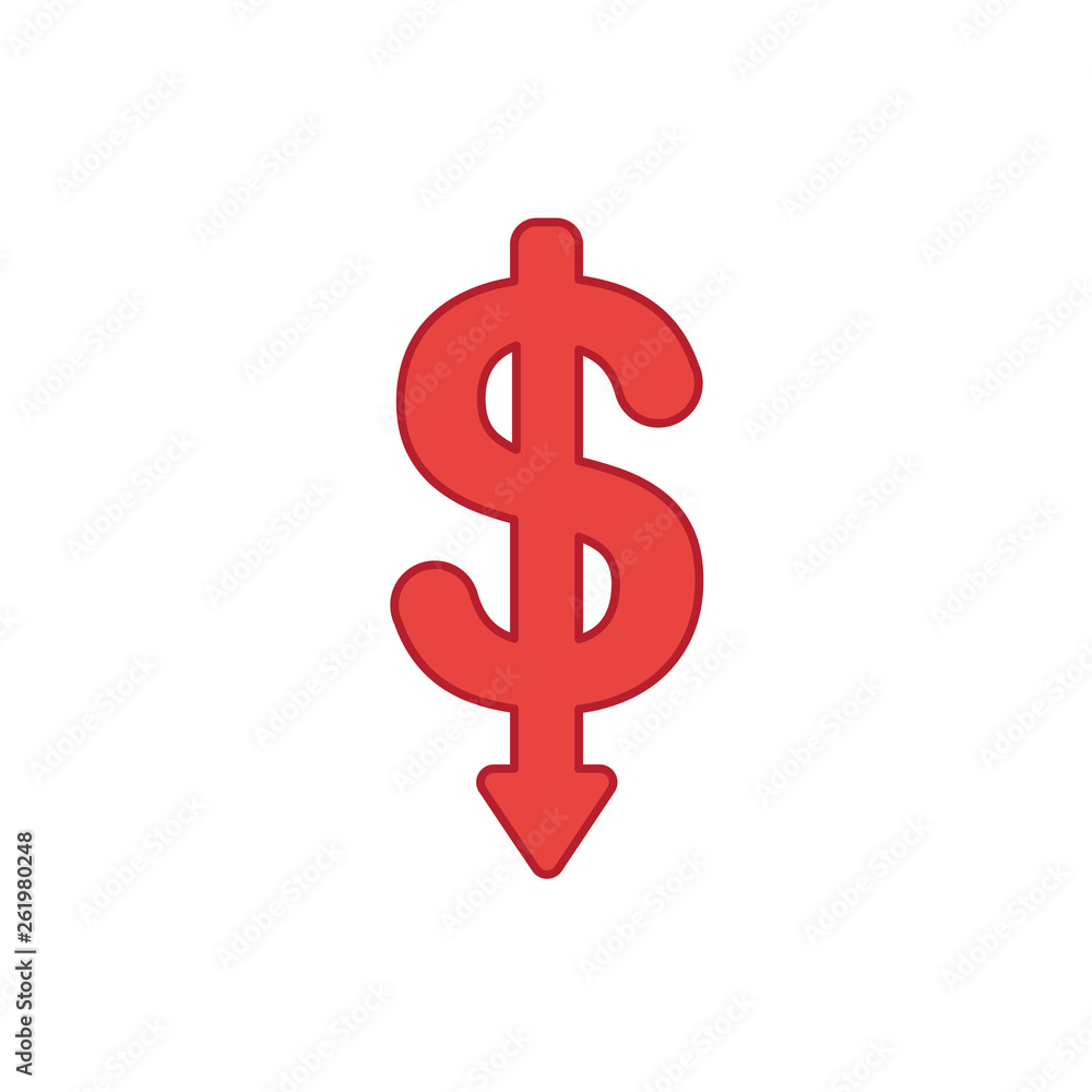 Poster flat design style vector concept of dollar symbol icon with arrow pointing down on white. colored ou