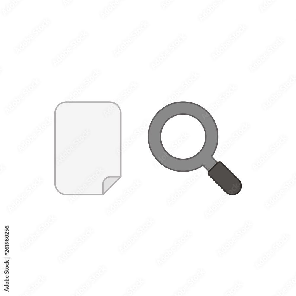 Poster flat design style vector concept of blank paper with magnifying glass or magnifier icon on white. co