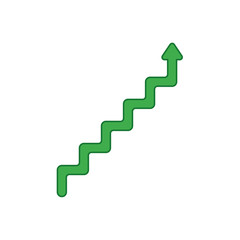 Flat design style vector concept of line stairs symbol icon with arrow pointing up on white. Colored outlines.