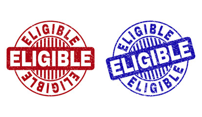 Grunge ELIGIBLE round stamp seals isolated on a white background. Round seals with distress texture in red and blue colors. Vector rubber imitation of ELIGIBLE title inside circle form with stripes.
