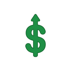 Flat design style vector concept of dollar symbol icon with arrow pointing up on white. Colored outlines.