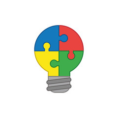 Flat design style vector concept of bulb-shaped four jigsaw puzzle pieces icon connected on white. Colored outlines.