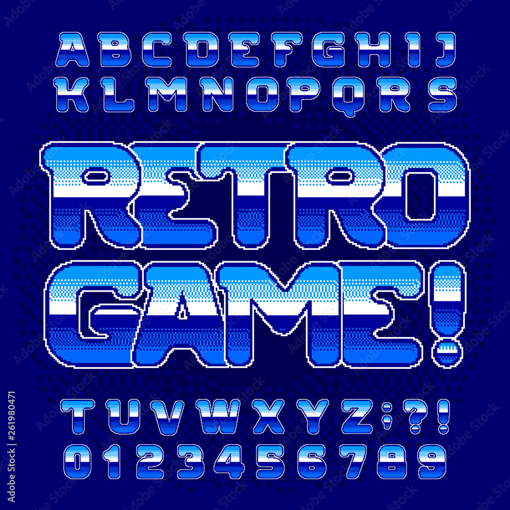 Fototapete retro game alphabet font. digital pixel gradient letters and numbers. 80s arcade video game typescri