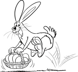 Cartoon Easter bunny jumping with egg basket. Vector clip art illustration with simple gradients