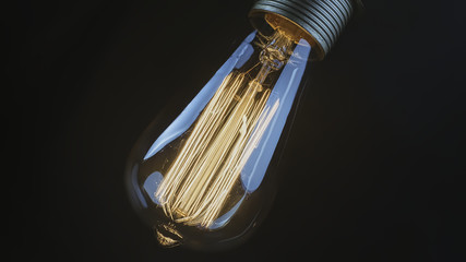Close up studio shot of the warm glowing carbon thread filaments of a vintage Edison light bulb.
