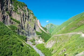 Kazbegi, Georgia - Jul 01 2018: Truso valley near Caucasus mountain. a famous landscape in Kazbegi, Mtskheta-Mtianeti, Georgia.