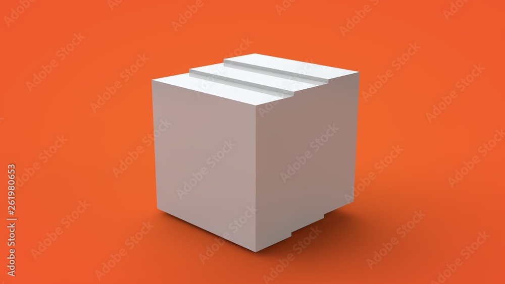 Poster 3d rendering of a white cube isolated on a yellow background. the cube is divided into segments, par