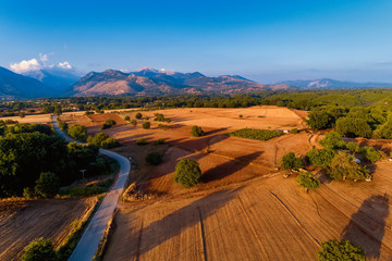 Beautiful rural scenery in mountains. agricultural fields with sheep.