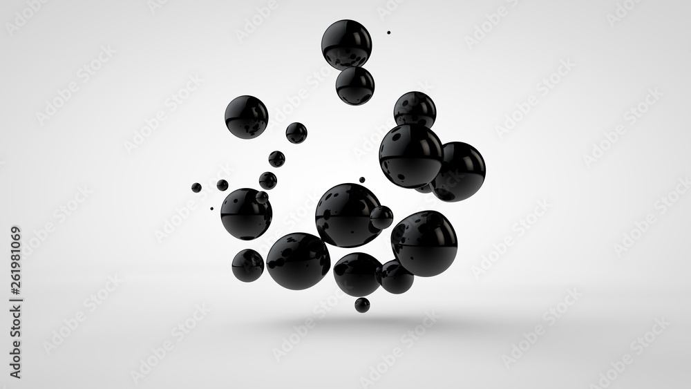 Poster 3d illustration of black oil droplets randomly spaced and isolated on a white background. 3d renderi