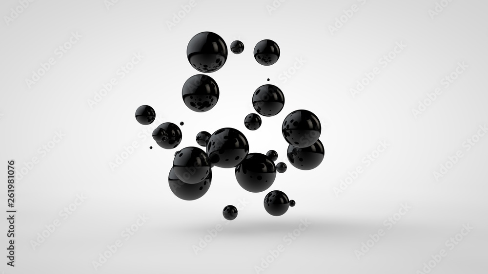 Poster 3d illustration of black oil droplets randomly spaced and isolated on a white background. 3d renderi
