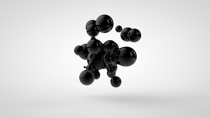 3D illustration of black oil droplets randomly spaced and isolated on a white background. 3D rendering, abstract image of chaos and disorder.