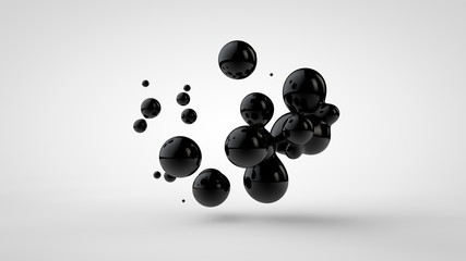 3D illustration of black oil droplets randomly spaced and isolated on a white background. 3D rendering, abstract image of chaos and disorder.