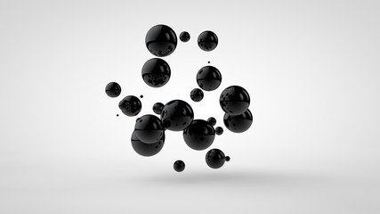 3D illustration of black oil droplets randomly spaced and isolated on a white background. 3D rendering, abstract image of chaos and disorder.