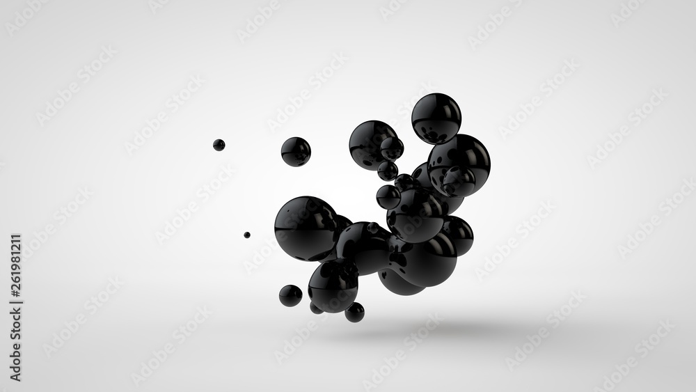 Poster 3d illustration of black oil droplets randomly spaced and isolated on a white background. 3d renderi