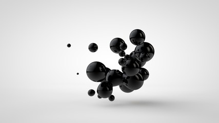 3D illustration of black oil droplets randomly spaced and isolated on a white background. 3D rendering, abstract image of chaos and disorder.