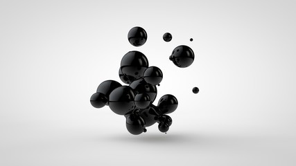 3D illustration of black oil droplets randomly spaced and isolated on a white background. 3D rendering, abstract image of chaos and disorder.