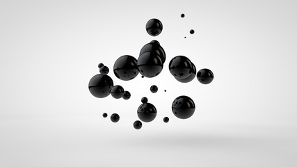 3D illustration of black oil droplets randomly spaced and isolated on a white background. 3D rendering, abstract image of chaos and disorder.