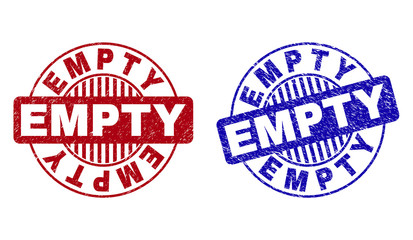 Grunge EMPTY round stamp seals isolated on a white background. Round seals with grunge texture in red and blue colors. Vector rubber imitation of EMPTY title inside circle form with stripes.