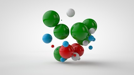 3D rendering of many colored balls of green, red, blue and white color. Spheres are randomly located in space have different sizes and different colors. 3D illustration isolated on white background