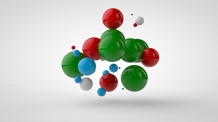 3D rendering of many colored balls of green, red, blue and white color. Spheres are randomly located in space have different sizes and different colors. 3D illustration isolated on white background