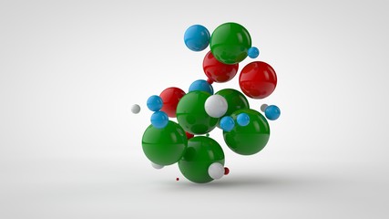 3D rendering of many colored balls of green, red, blue and white color. Spheres are randomly located in space have different sizes and different colors. 3D illustration isolated on white background