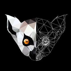 Low poly triangular lemur face on black background, illustration.  Polygonal style trendy modern logo design. Suitable for printing on a t-shirt. - obrazy, fototapety, plakaty