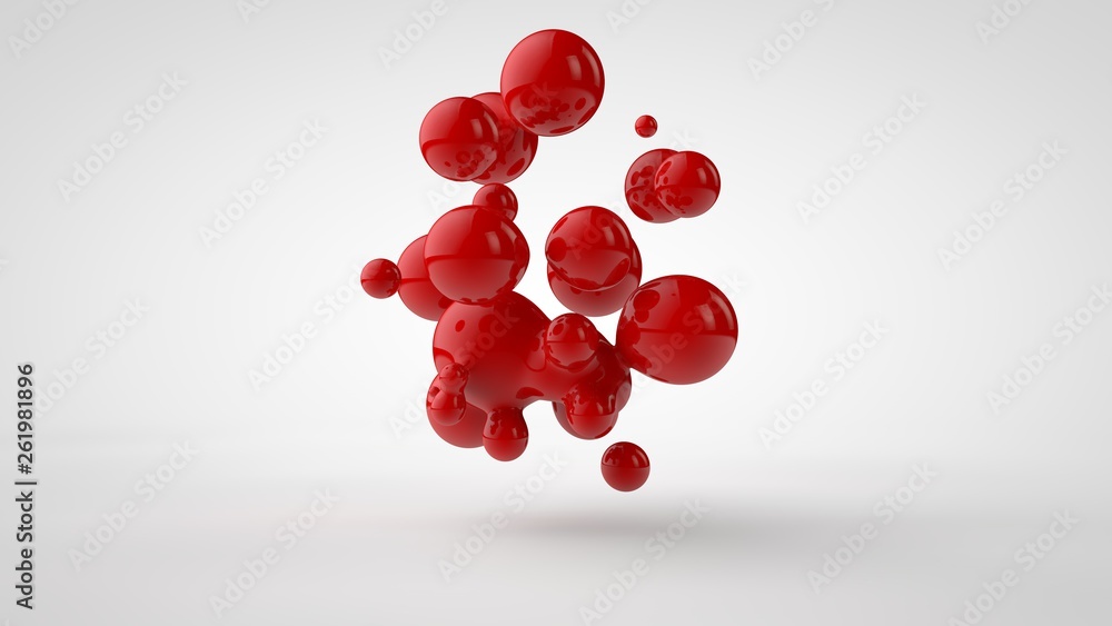Poster 3d rendering of a plurality of drops of the red liquid looked like blood, juice. drops of different 