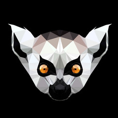 Low poly triangular lemur face on black background, illustration isolated.  Polygonal style trendy modern logo design. Suitable for printing on a t-shirt.