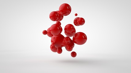 Fototapeta premium 3D rendering of a plurality of drops of the red liquid looked like blood, juice. Drops of different shapes, different sizes randomly arranged in space, isolated on a white background. 3D illustration