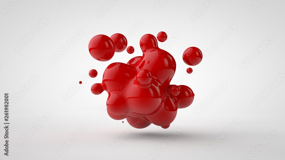 Poster 3d rendering of a plurality of drops of the red liquid looked like blood, juice. drops of different 