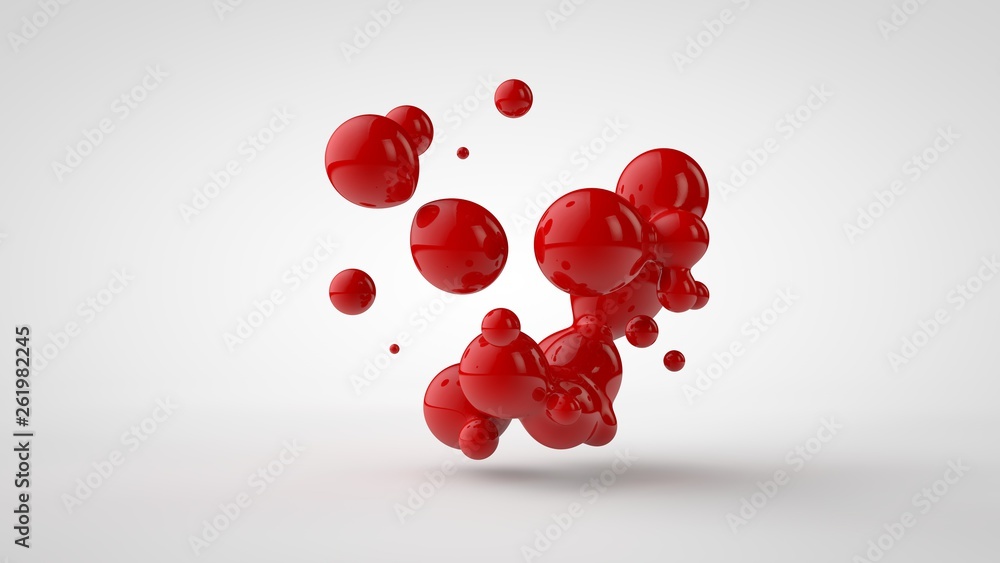 Poster 3d rendering of a plurality of drops of the red liquid looked like blood, juice. drops of different 