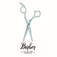 Barber Shop. Hand drawn color scissors in sketch style. Hand made lettering. Vector illustration