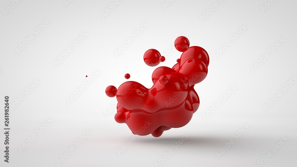 Poster 3d rendering of a plurality of drops of the red liquid looked like blood, juice. drops of different 