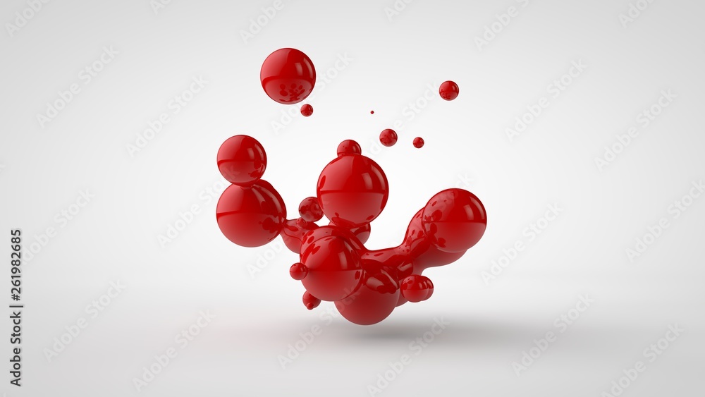 Poster 3d rendering of a plurality of drops of the red liquid looked like blood, juice. drops of different 