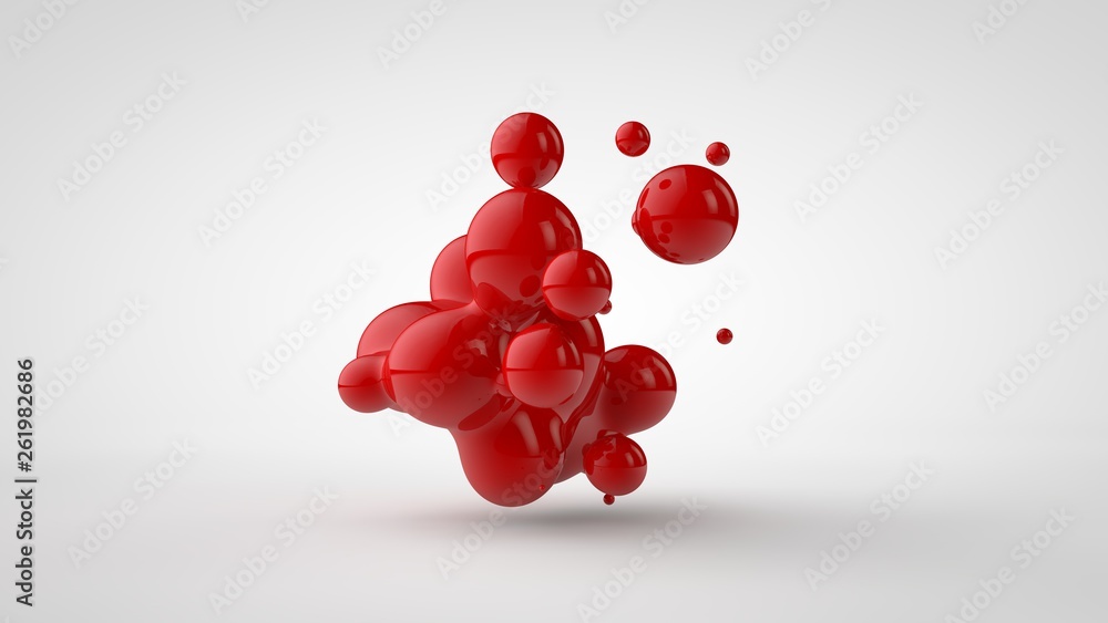 Poster 3d rendering of a plurality of drops of the red liquid looked like blood, juice. drops of different 