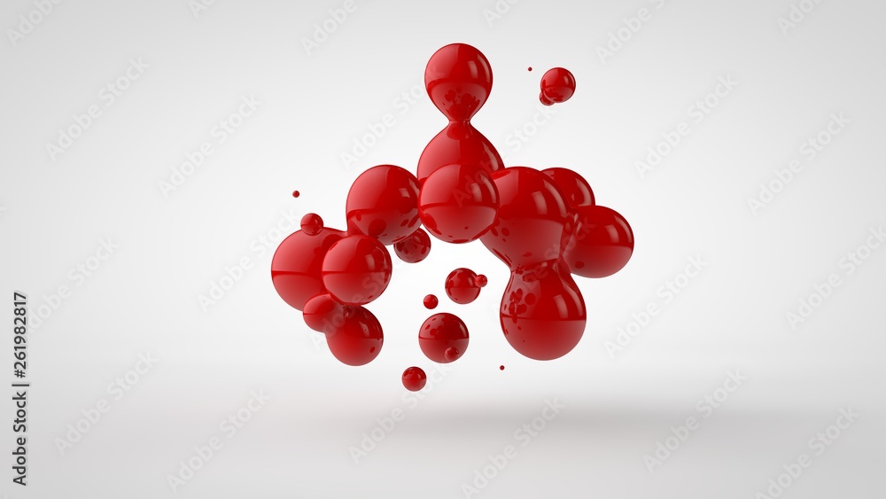 Poster 3d rendering of a plurality of drops of the red liquid looked like blood, juice. drops of different 