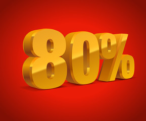 80% percent off, sale white background, golden-yellow metall object 3D. Eps10 Vector.