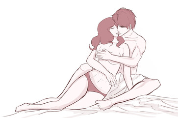 couple sit on bed cuddle having sex or make love sweet sensual erotic concept drawing pink pastel