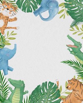 Cute safari watercolor cartoon animals border with cloud shaped copy space for kids party invitation card template.