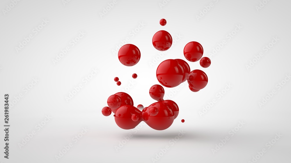 Poster 3d rendering of a plurality of drops of the red liquid looked like blood, juice. drops of different 