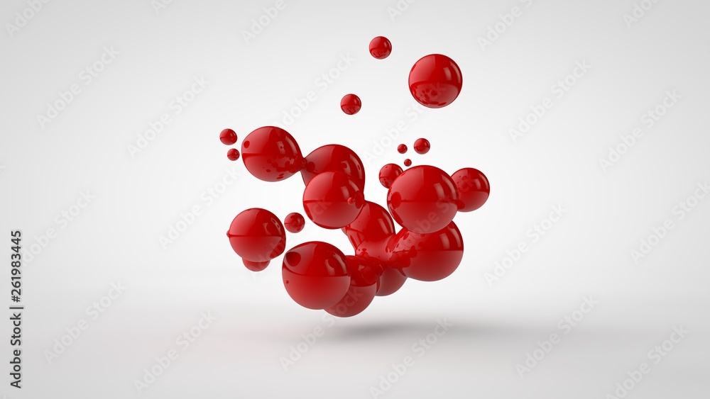 Poster 3d rendering of a plurality of drops of the red liquid looked like blood, juice. drops of different 
