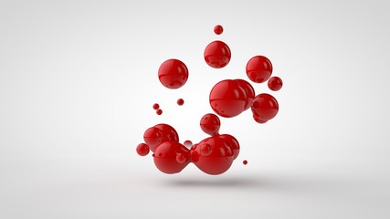 3D rendering of a plurality of drops of the red liquid looked like blood, juice. Drops of different shapes, different sizes randomly arranged in space, isolated on a white background. 3D illustration
