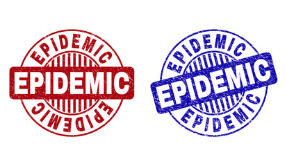 Grunge EPIDEMIC round stamp seals isolated on a white background. Round seals with grunge texture in red and blue colors. Vector rubber imprint of EPIDEMIC text inside circle form with stripes.