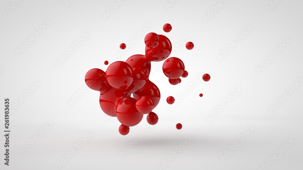 Poster 3d rendering of a plurality of drops of the red liquid looked like blood, juice. drops of different 