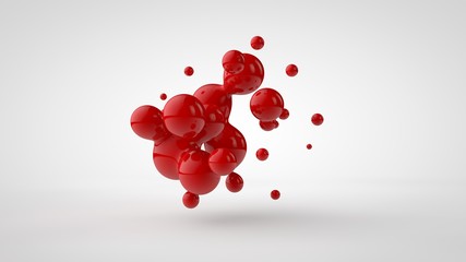 3D rendering of a plurality of drops of the red liquid looked like blood, juice. Drops of different shapes, different sizes randomly arranged in space, isolated on a white background. 3D illustration
